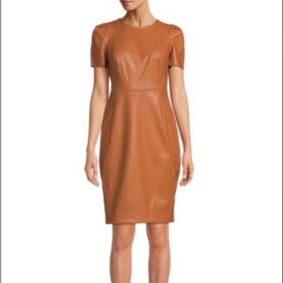 Calvin Klein Faux-Leather Short-Sleeve Sheath Dress - Honey - Size 8